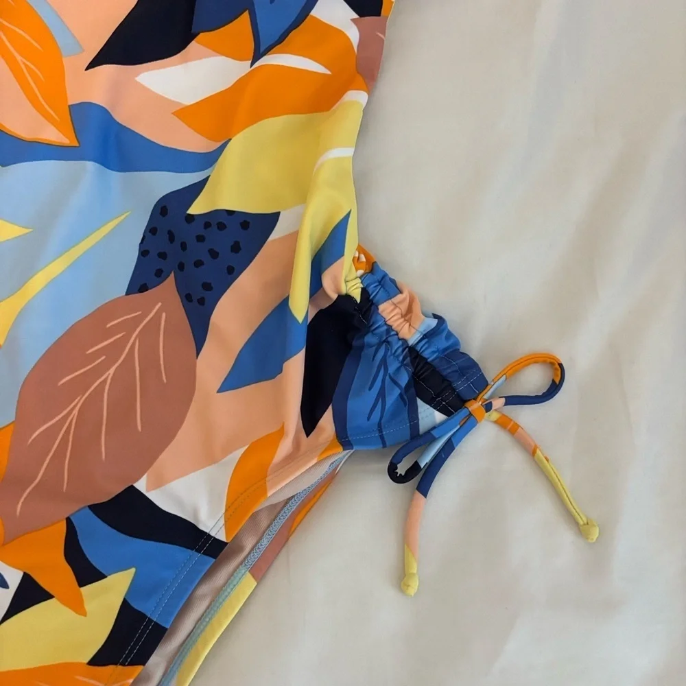 Kona Sol Tropical Floral Print One-Piece Swimsuit Orange Blue